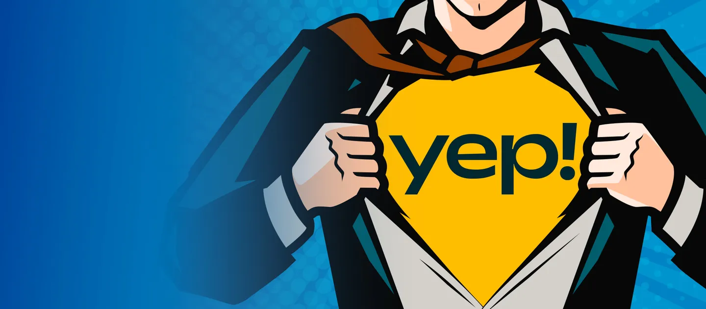 Conceptual image of businessman in a superhero shirt with a Telkom Yep! logo emblazoned on it
