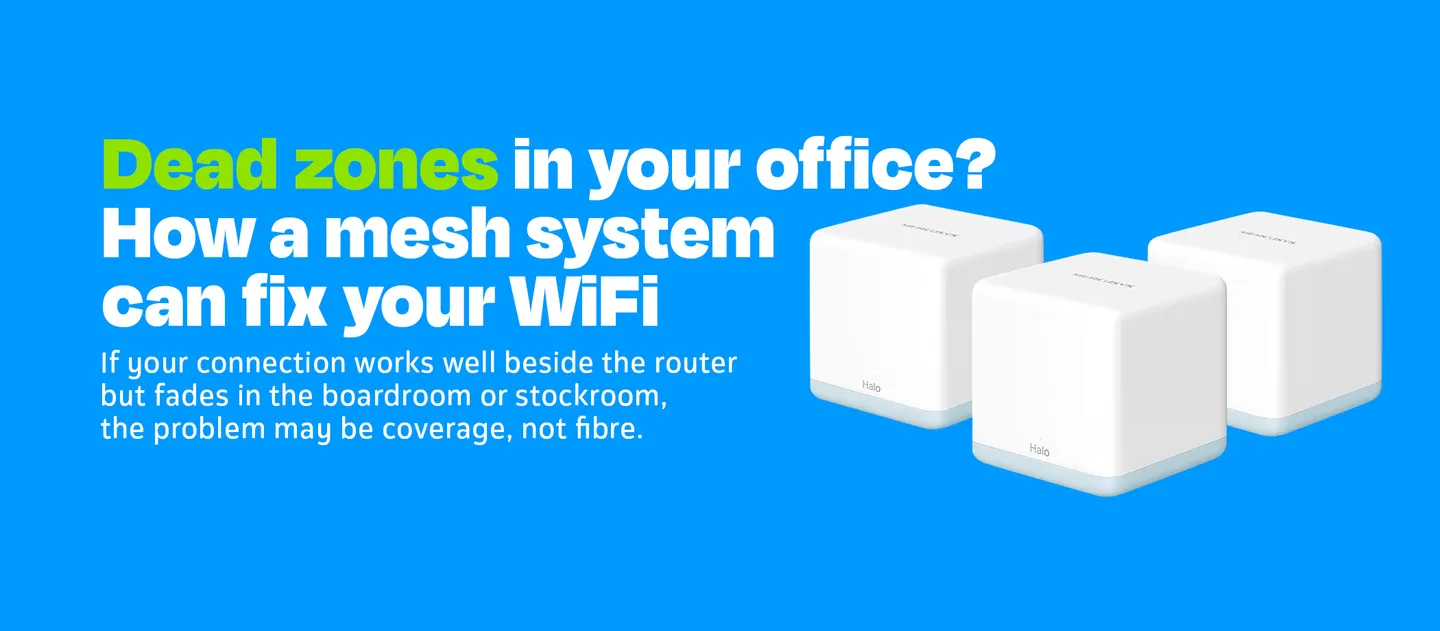 Mesh WiFi units improving coverage across a small business office