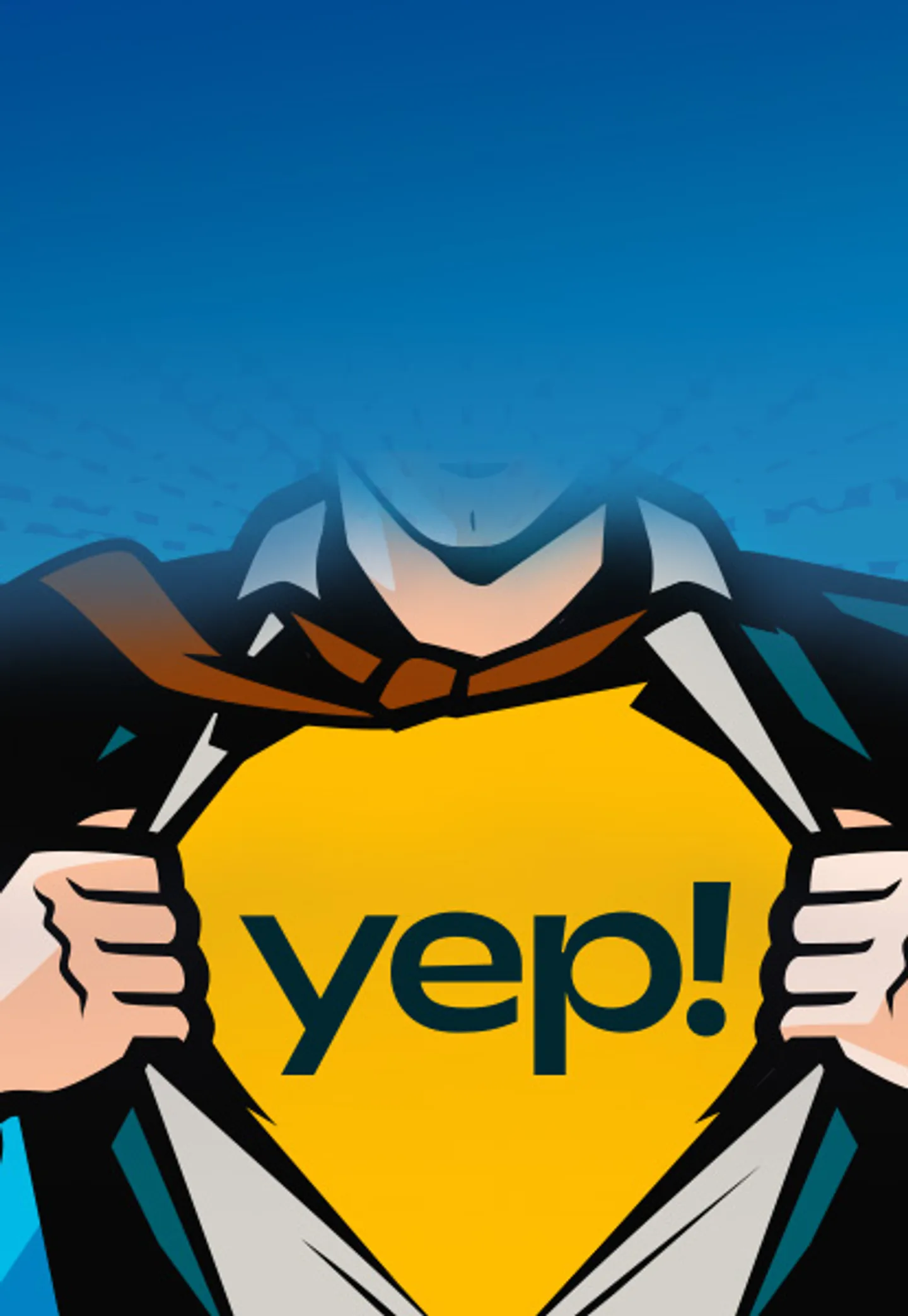 Conceptual image of businessman in a superhero shirt with a Telkom Yep! logo emblazoned on it