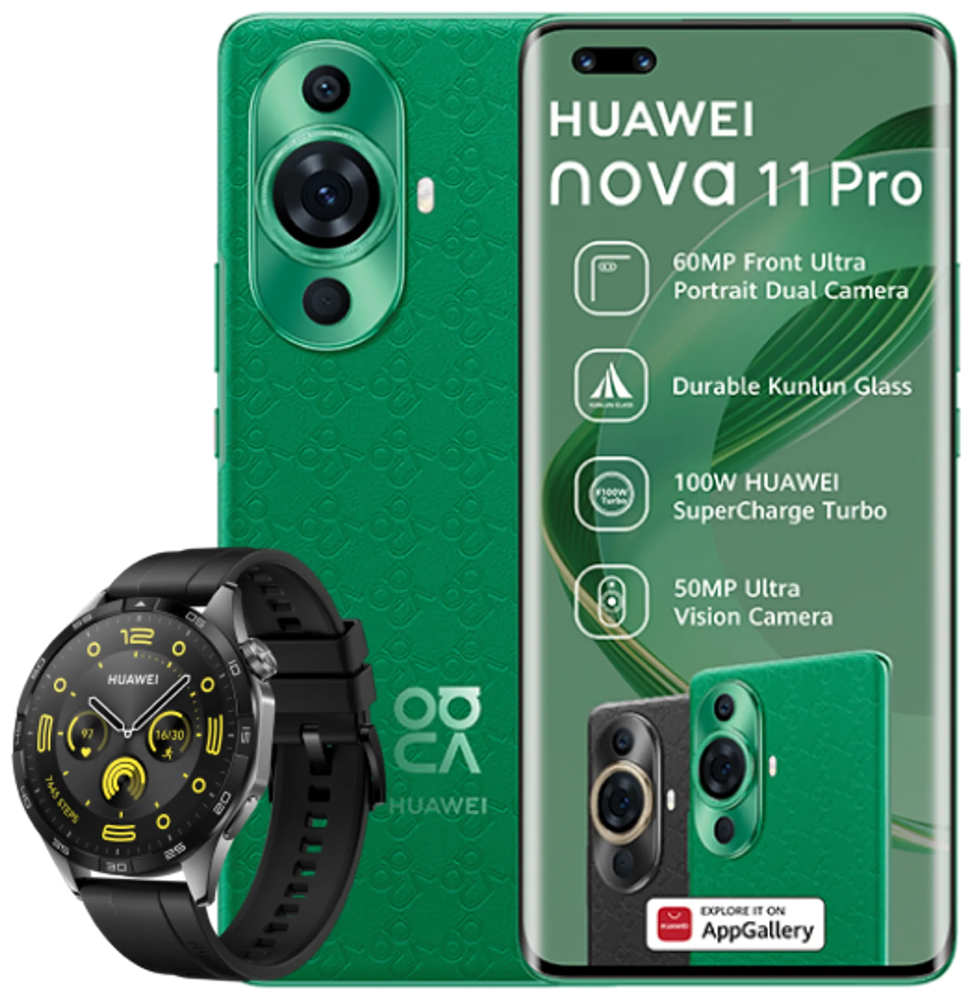 Huawei Nova 11 Pro Green Huawei Watch GT4 slide
