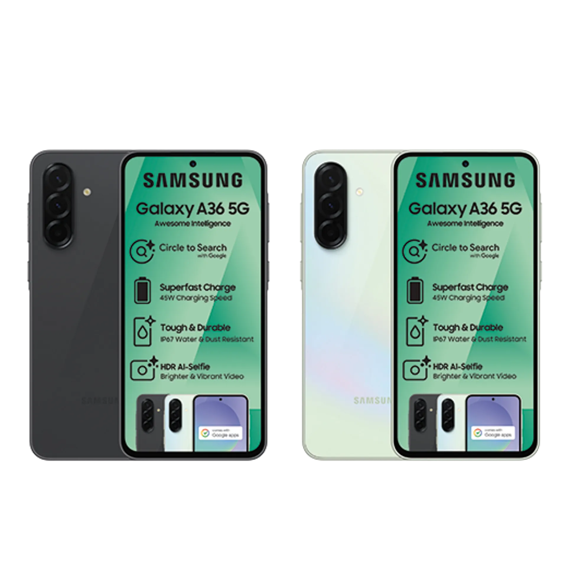 2xSamsungGalaxyA36128GBBundleAwesomeBlackAwesomeLightGreenAwesomeBlack Slide