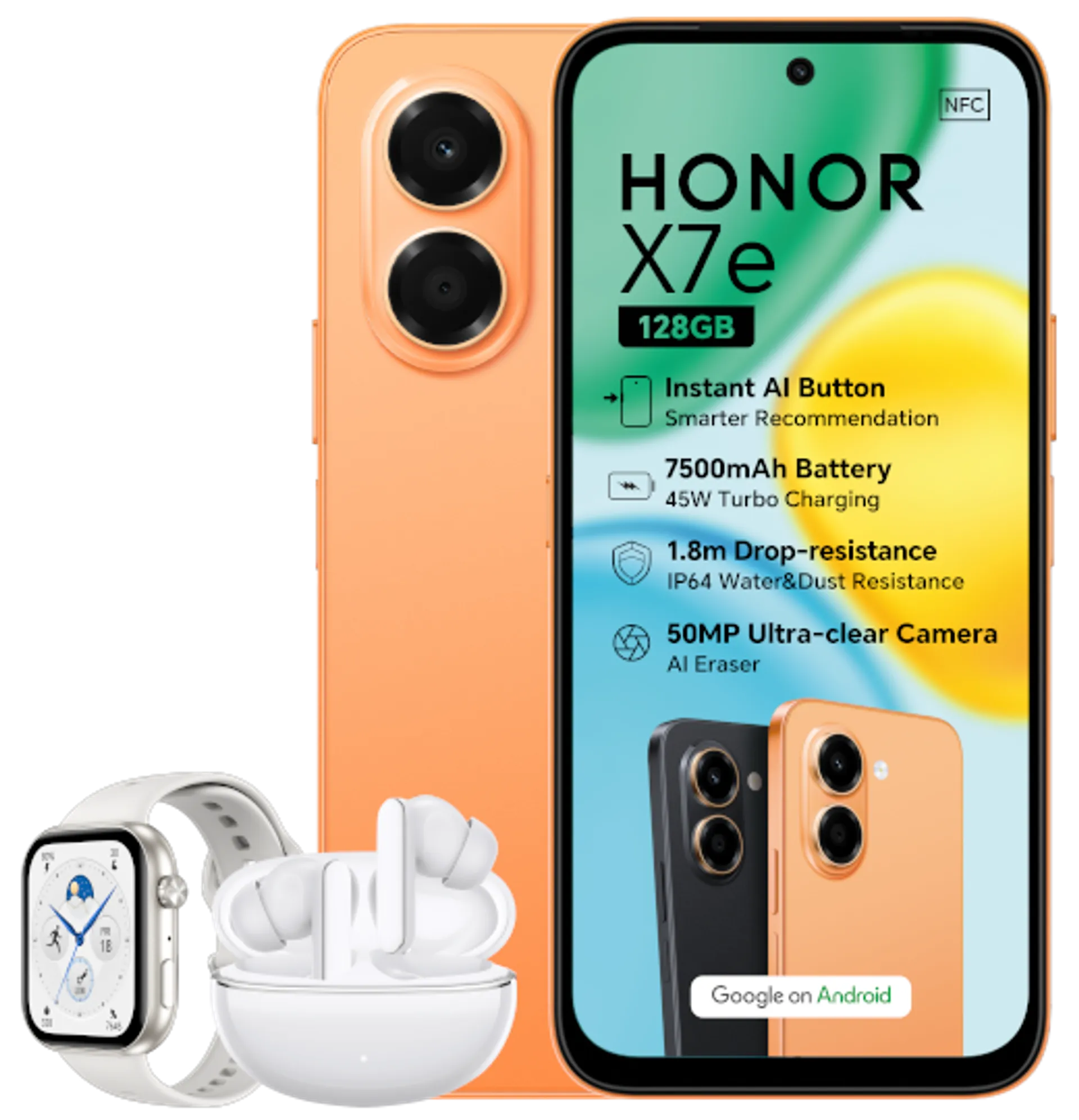 Honor X7e with Watch 2i plus Earbuds X8i Orange slide