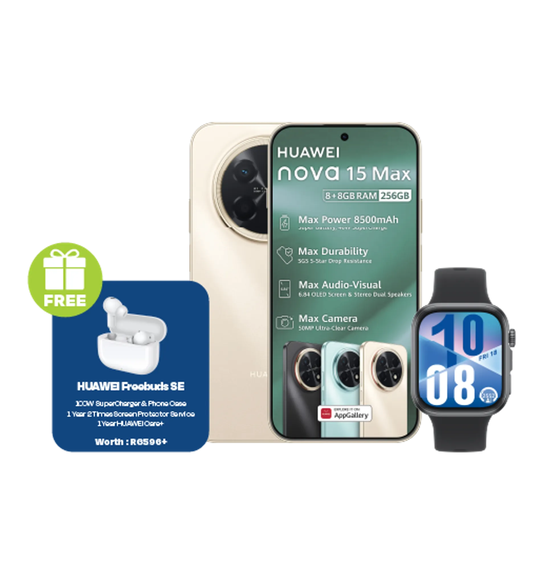 Huawei Nova 15 Max Gold plus Freebuds SE Huawei Watch Fit4 Black slide