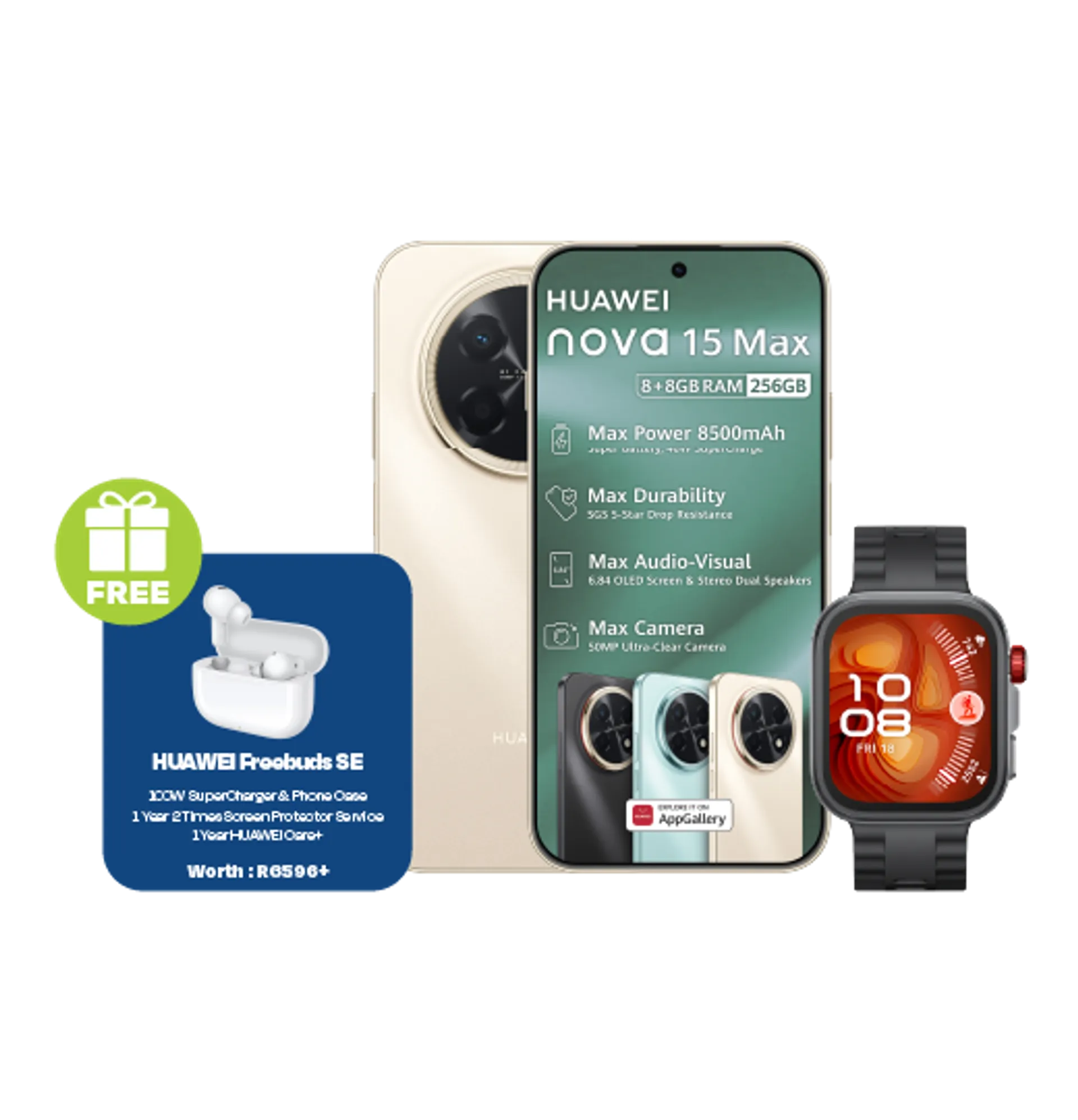 Huawei Nova 15 Max Gold plus Freebuds SE Huawei Watch Fit4 Pro Black slide
