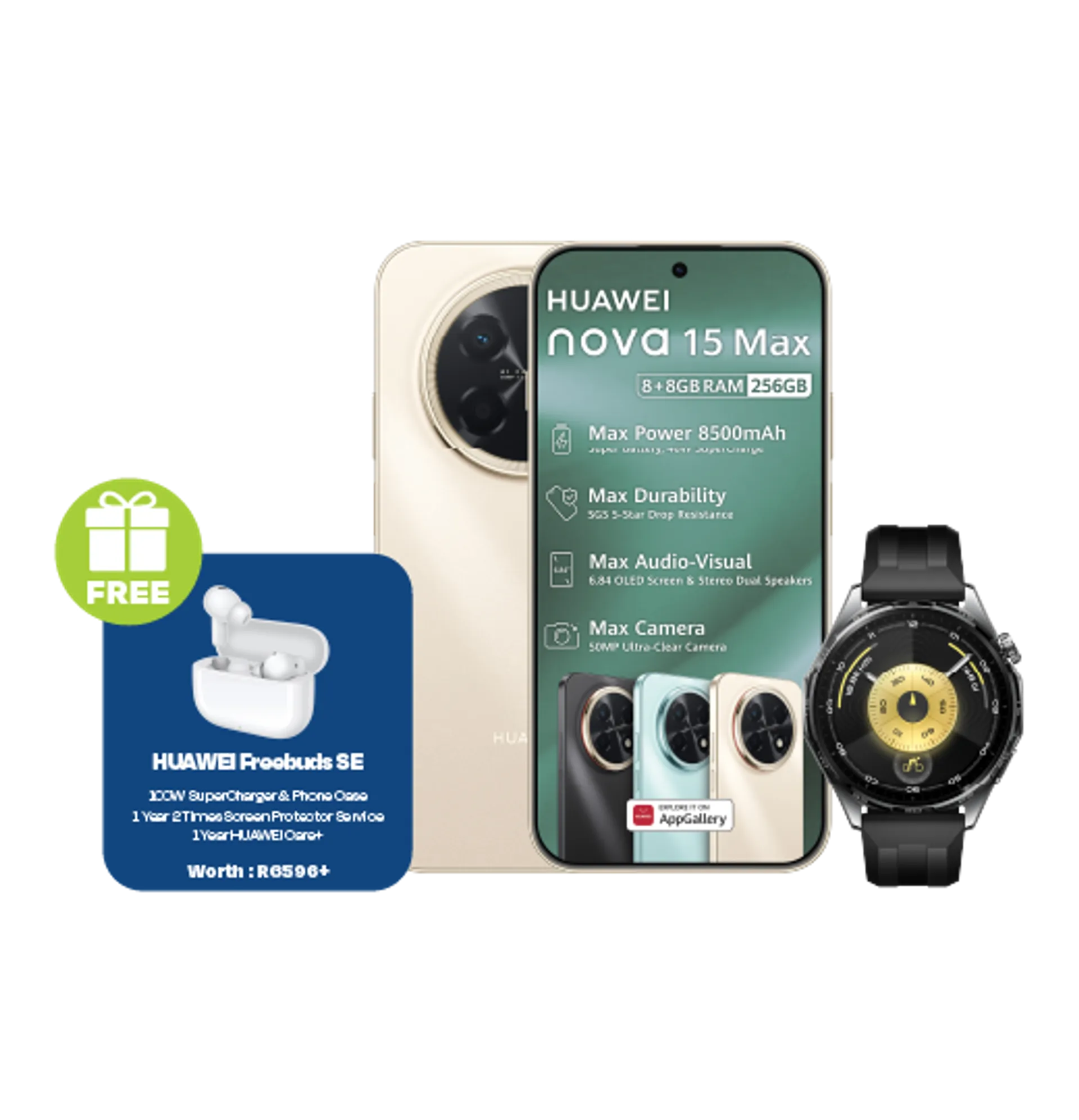 Huawei Nova 15 Max Gold plus Freebuds SE Huawei Watch GT6 Black slide