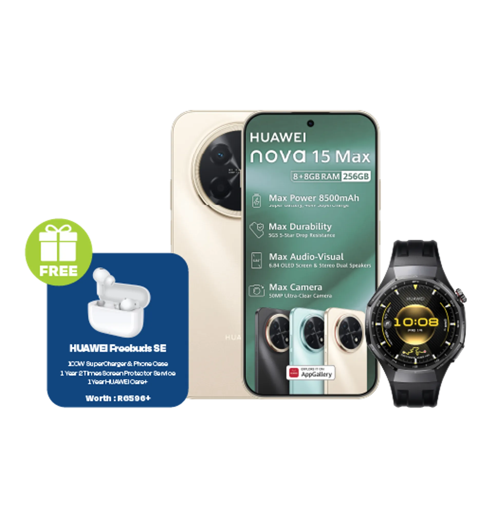 Huawei Nova 15 Max Gold plus Freebuds SE Huawei Watch GT6 Pro Black slide