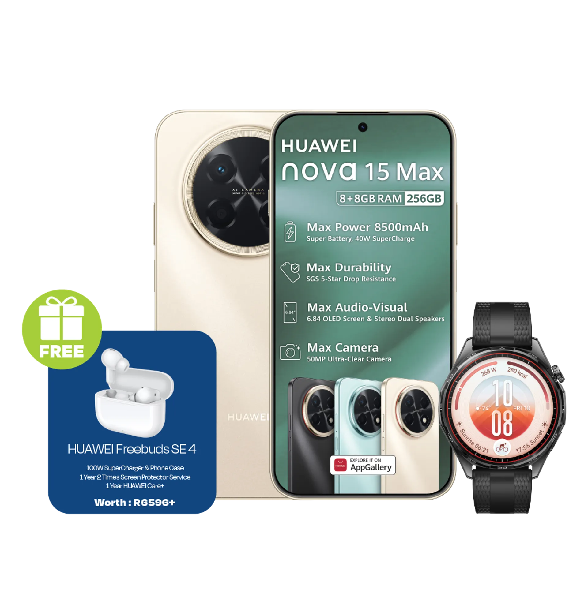 Huawei Nova 15 Max Gold plus Freebuds SE Huawei Watch GT7 Black slide