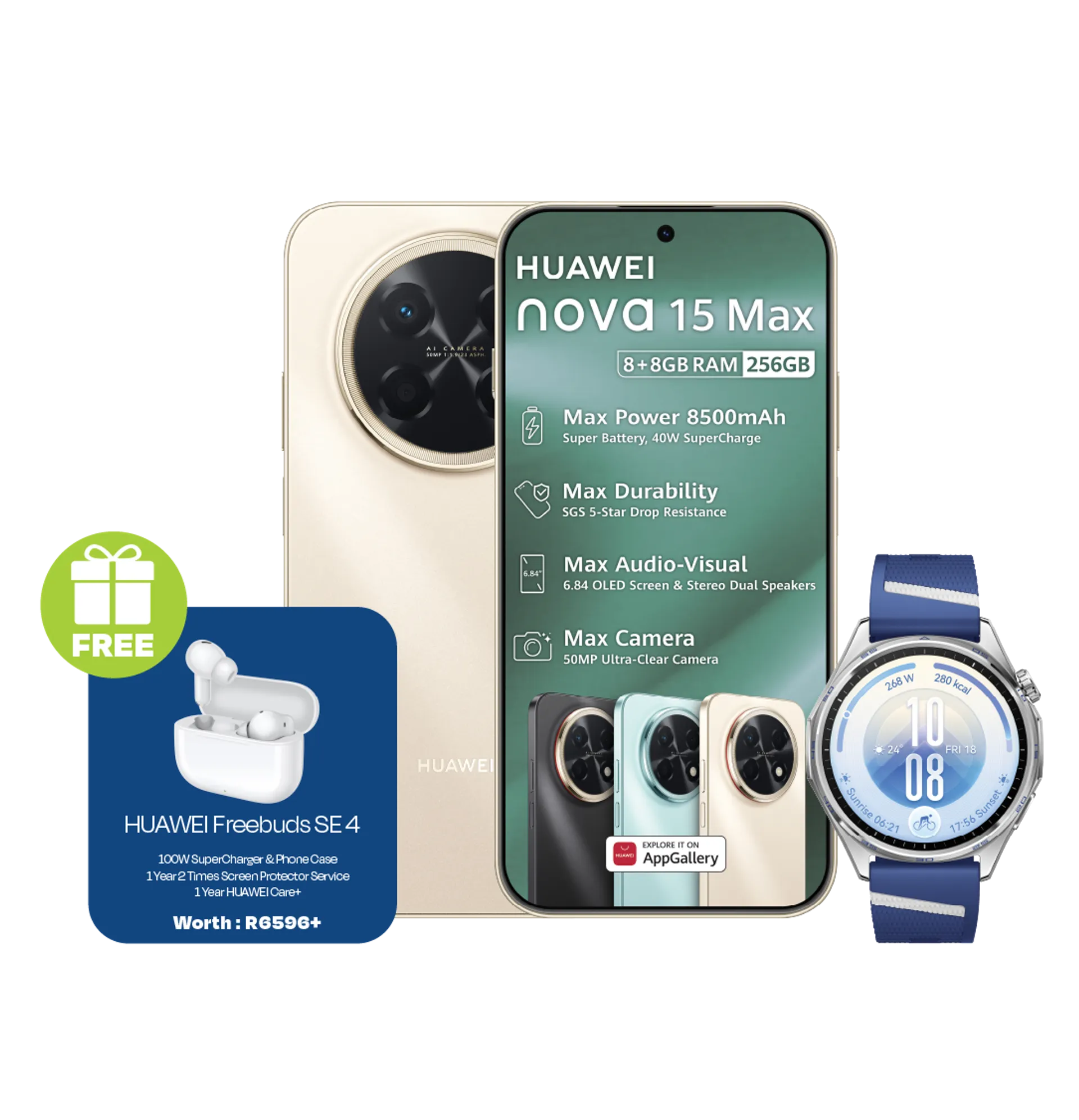 Huawei Nova 15 Max Gold plus Freebuds SE Huawei Watch GT7 Blue slide