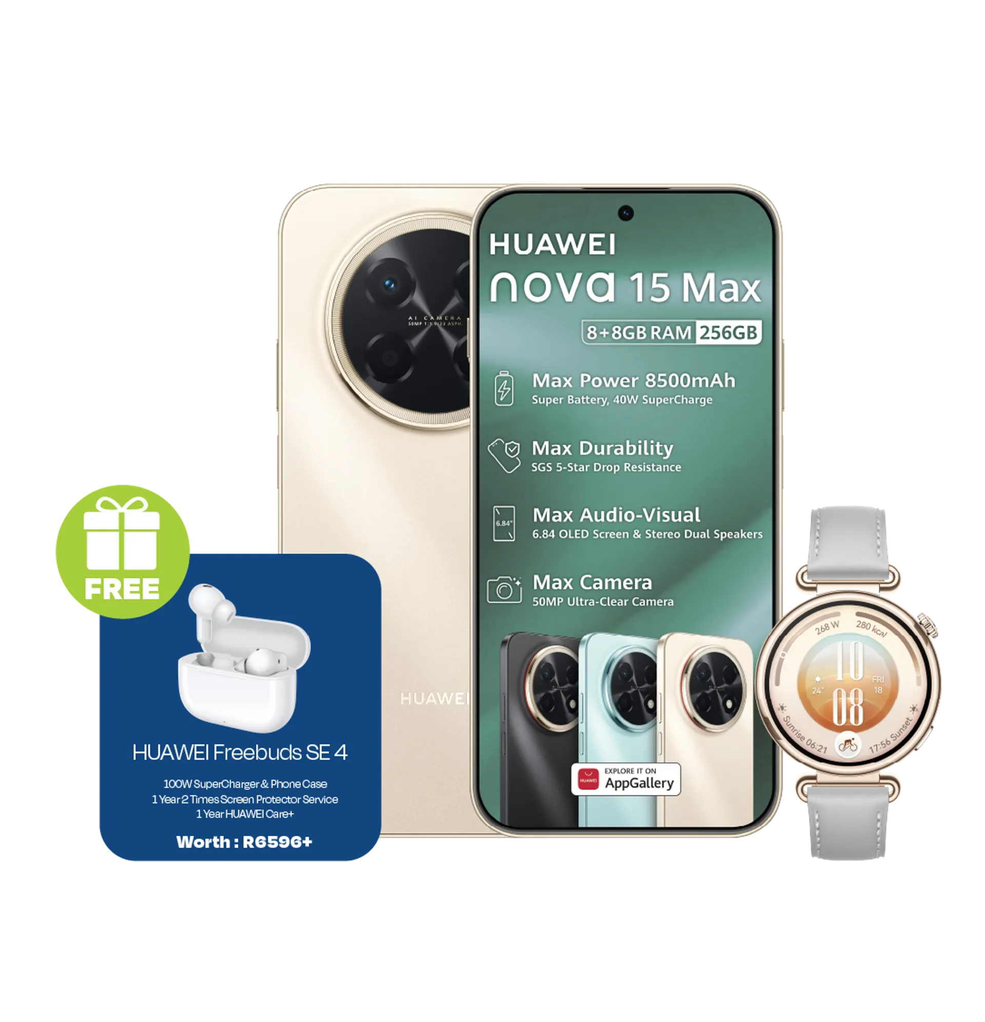 Huawei Nova 15 Max Gold plus Freebuds SE Huawei Watch GT7 Grey slide