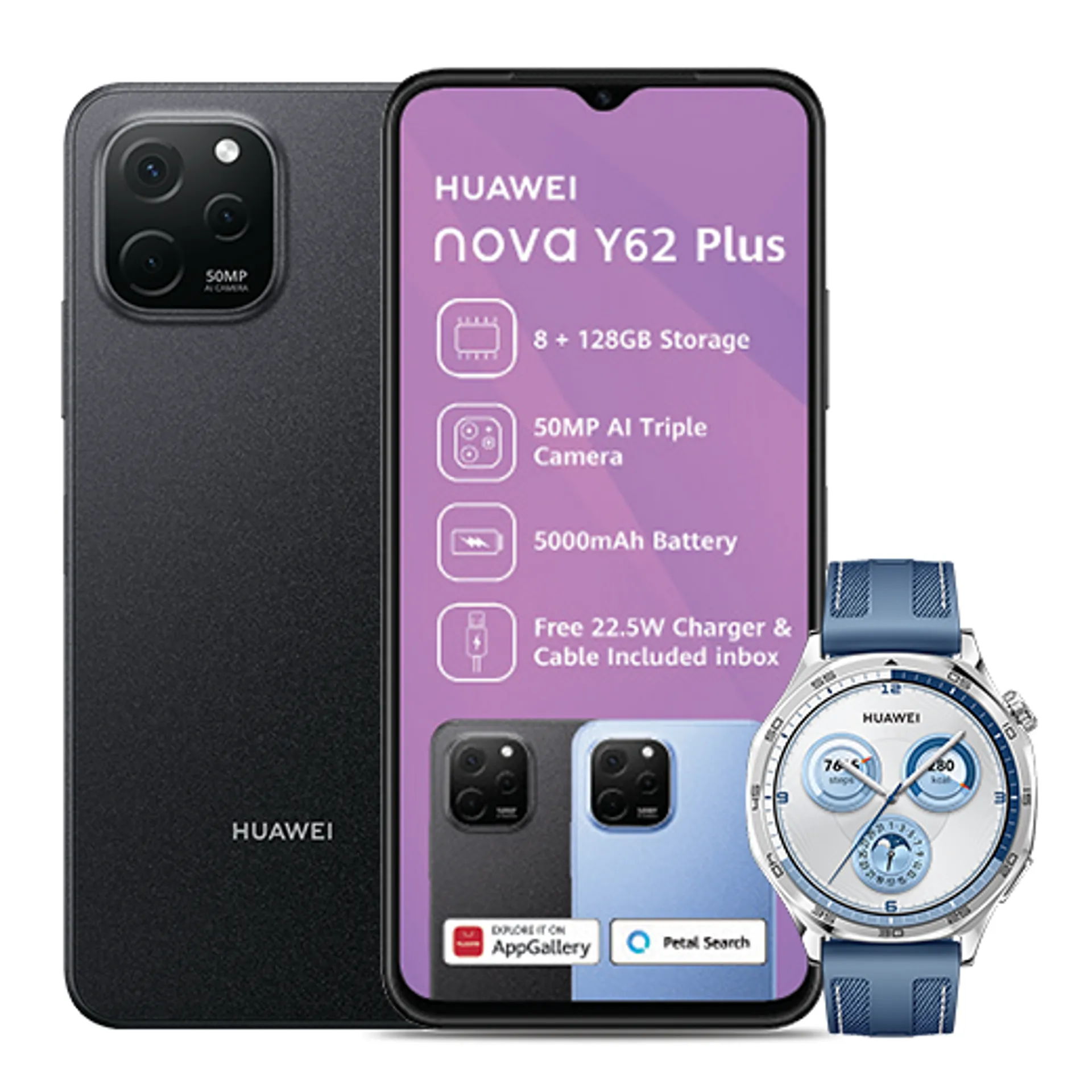 Huawei Nova Y62 Plus Midnight Black Huawei Watch GT5 Blue slide
