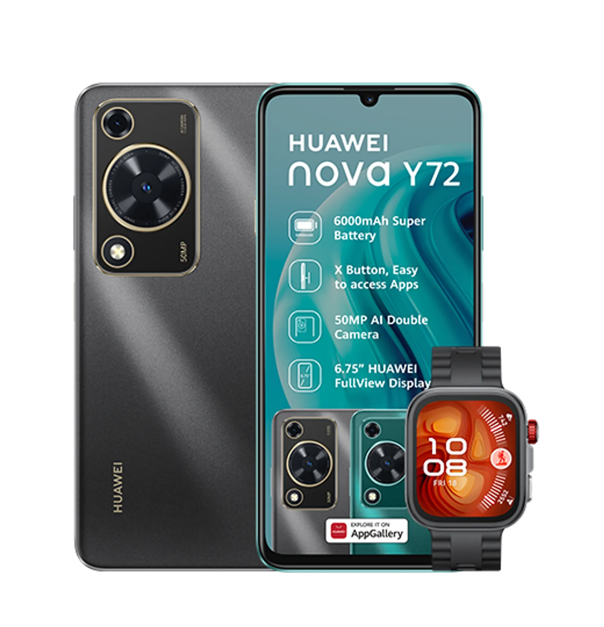 Huawei Nova Y72 Black plus Freebuds SE 2 Huawei Watch Fit4 Pro Black slide