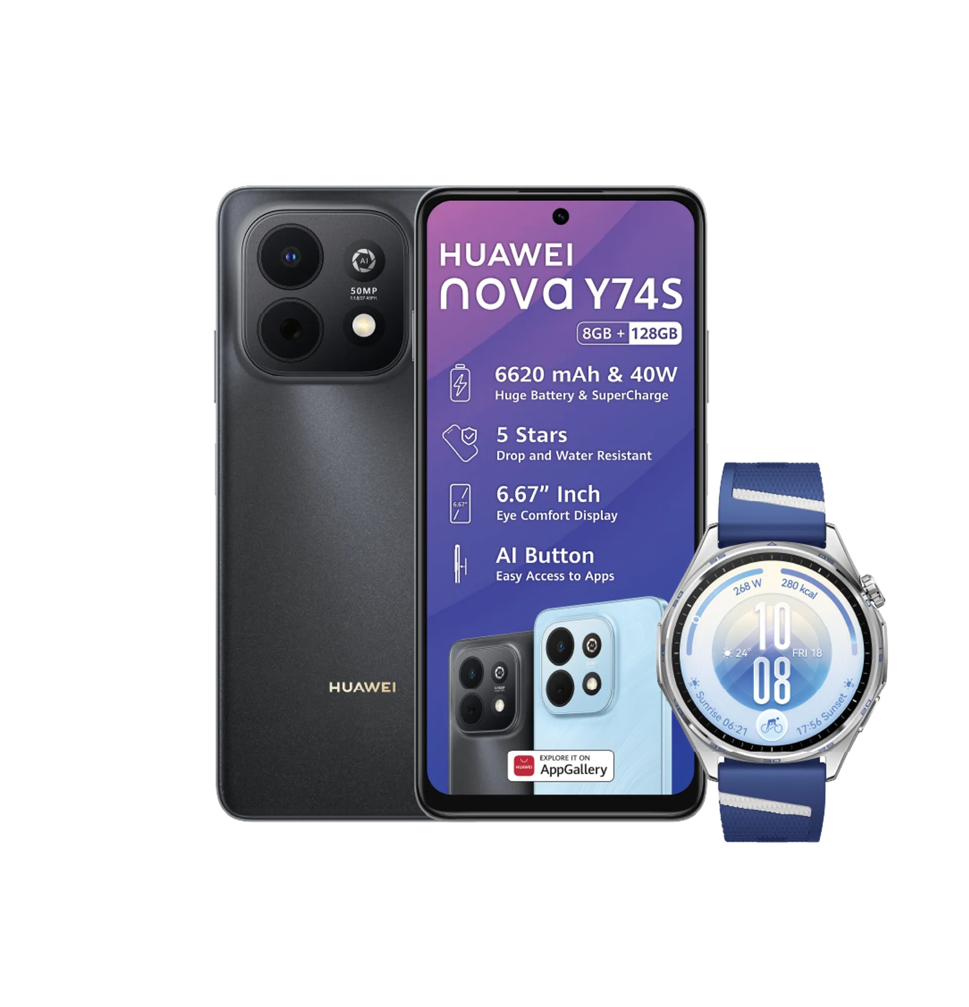 Huawei Nova Y74S Black Huawei Watch GT7 Blue slide