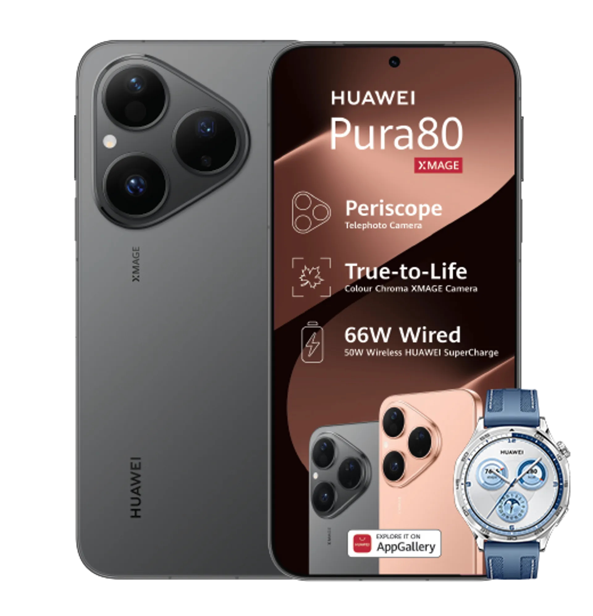 Huawei Pura 80 Frosted Black with 15GB LTE Huawei Watch GT5 Blue slide