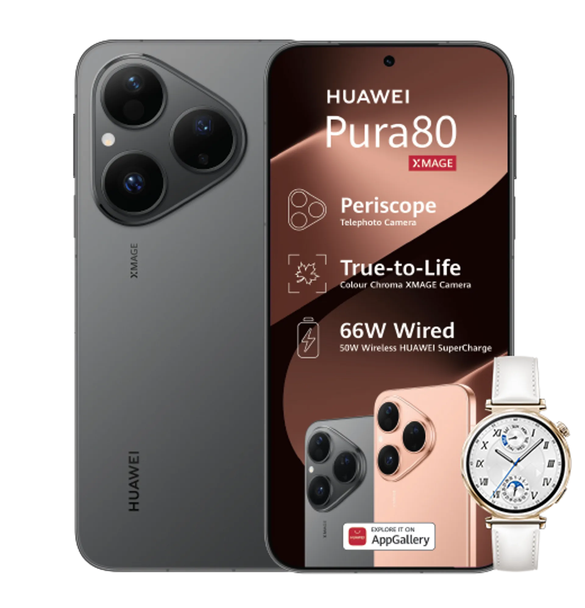 Huawei Pura 80 Frosted Black with 15GB LTE Huawei Watch GT5 White slide