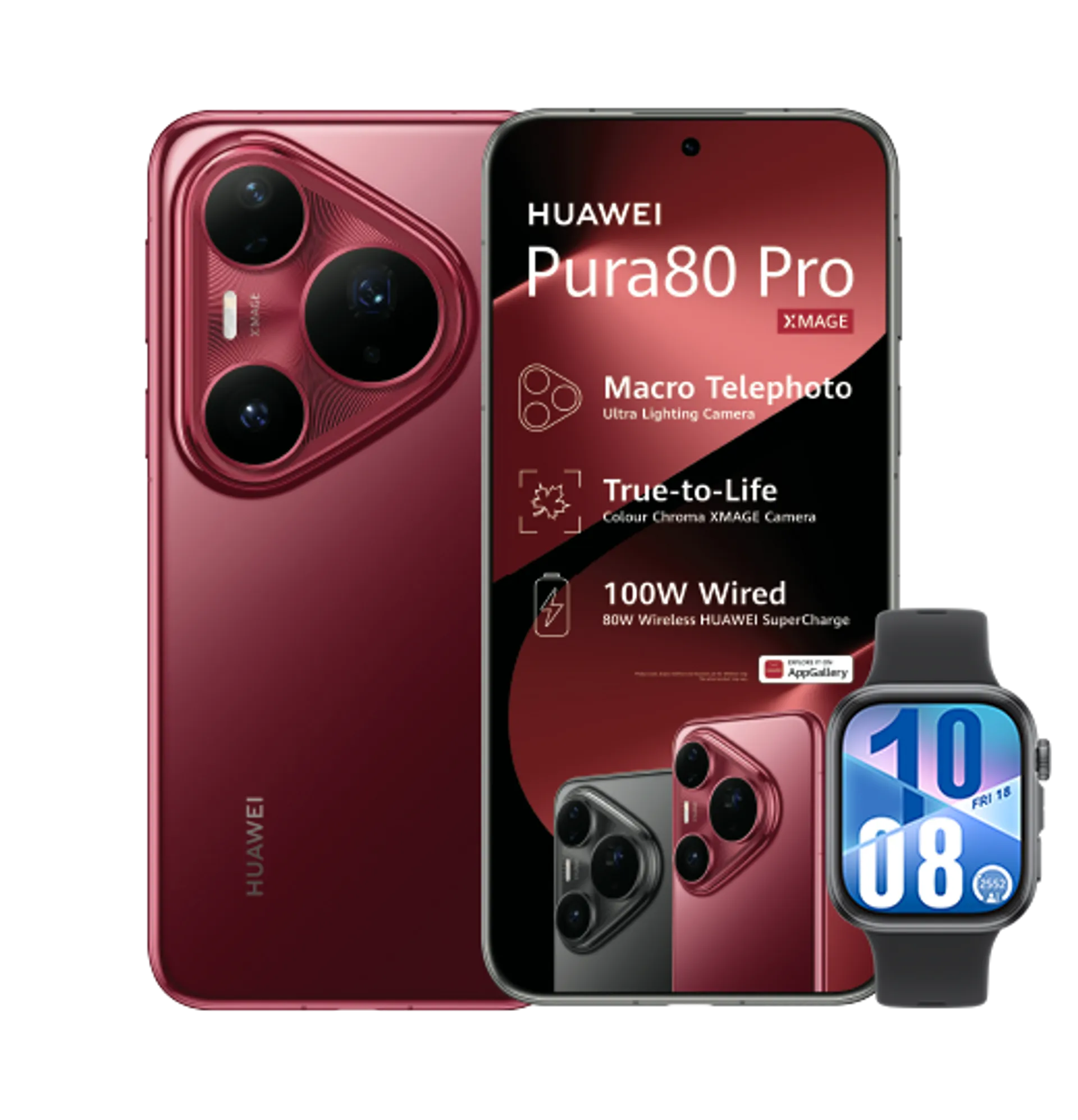 Huawei Pura 80 Pro Red with 15GB LTE Huawei Watch Fit4 Black slide