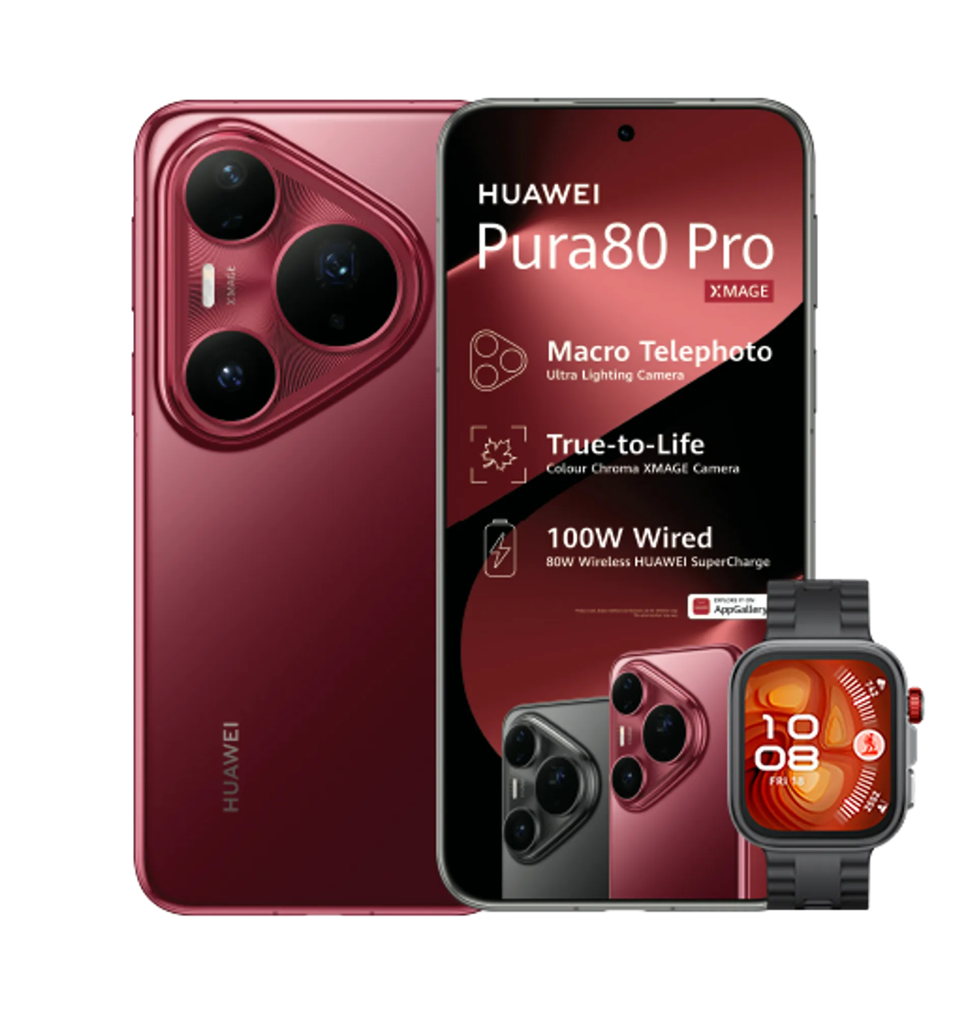 Huawei Pura 80 Pro Red with 15GB LTE Huawei Watch Fit4 Pro Black slide