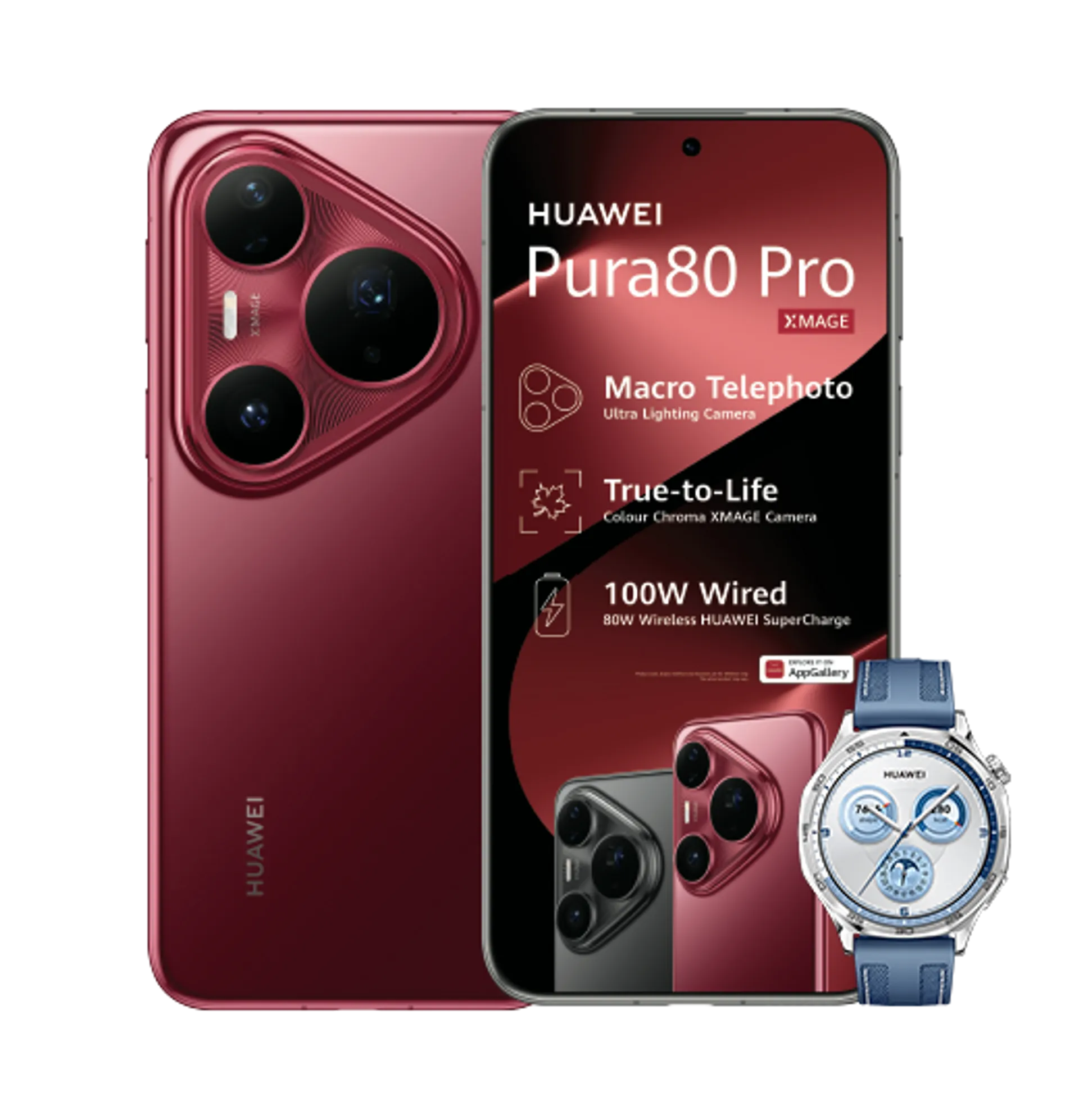 Huawei Pura 80 Pro Red with 15GB LTE Huawei Watch GT5 Blue slide