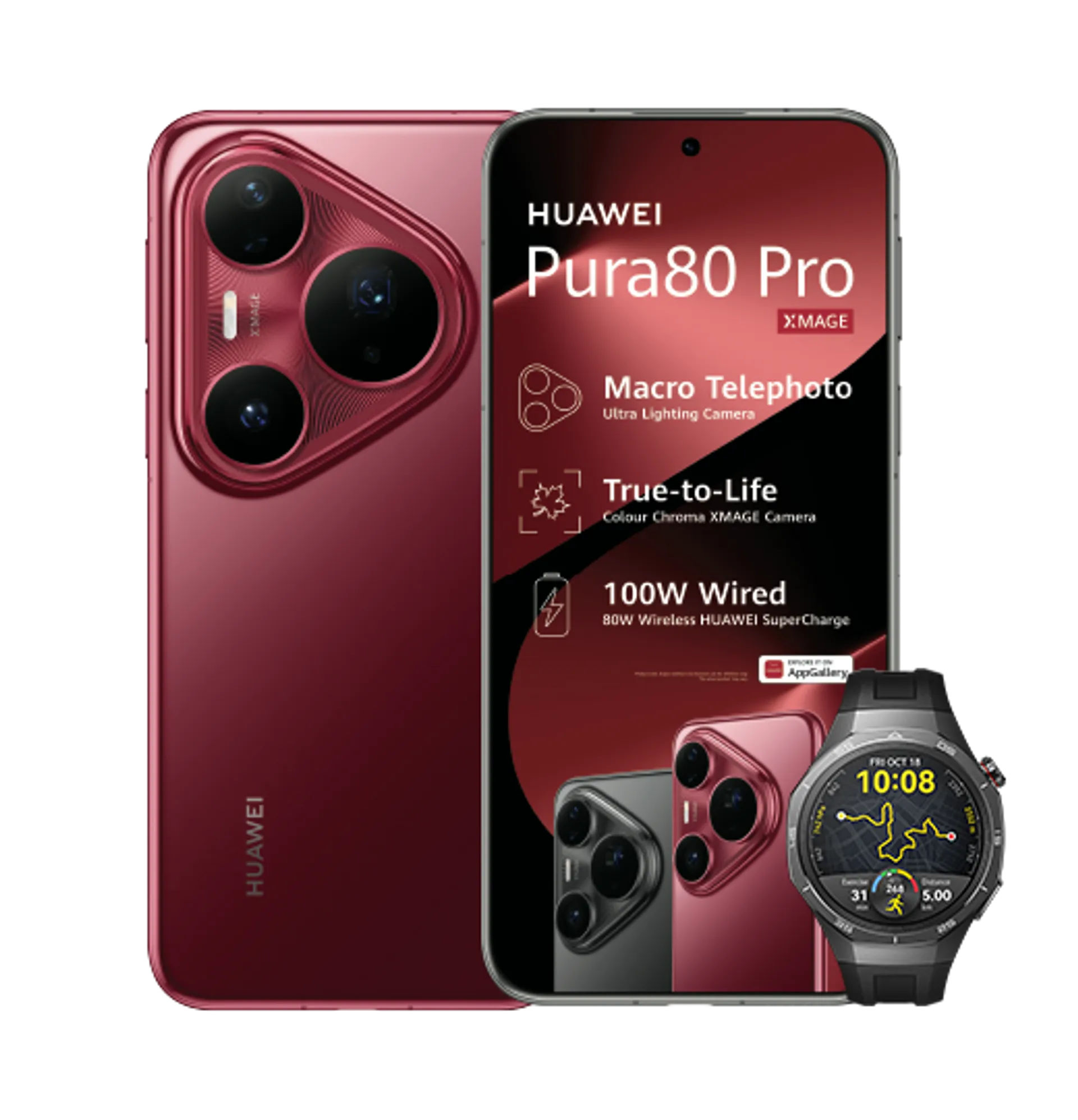 Huawei Pura 80 Pro Red with 15GB LTE Huawei Watch GT5 Pro Black slide