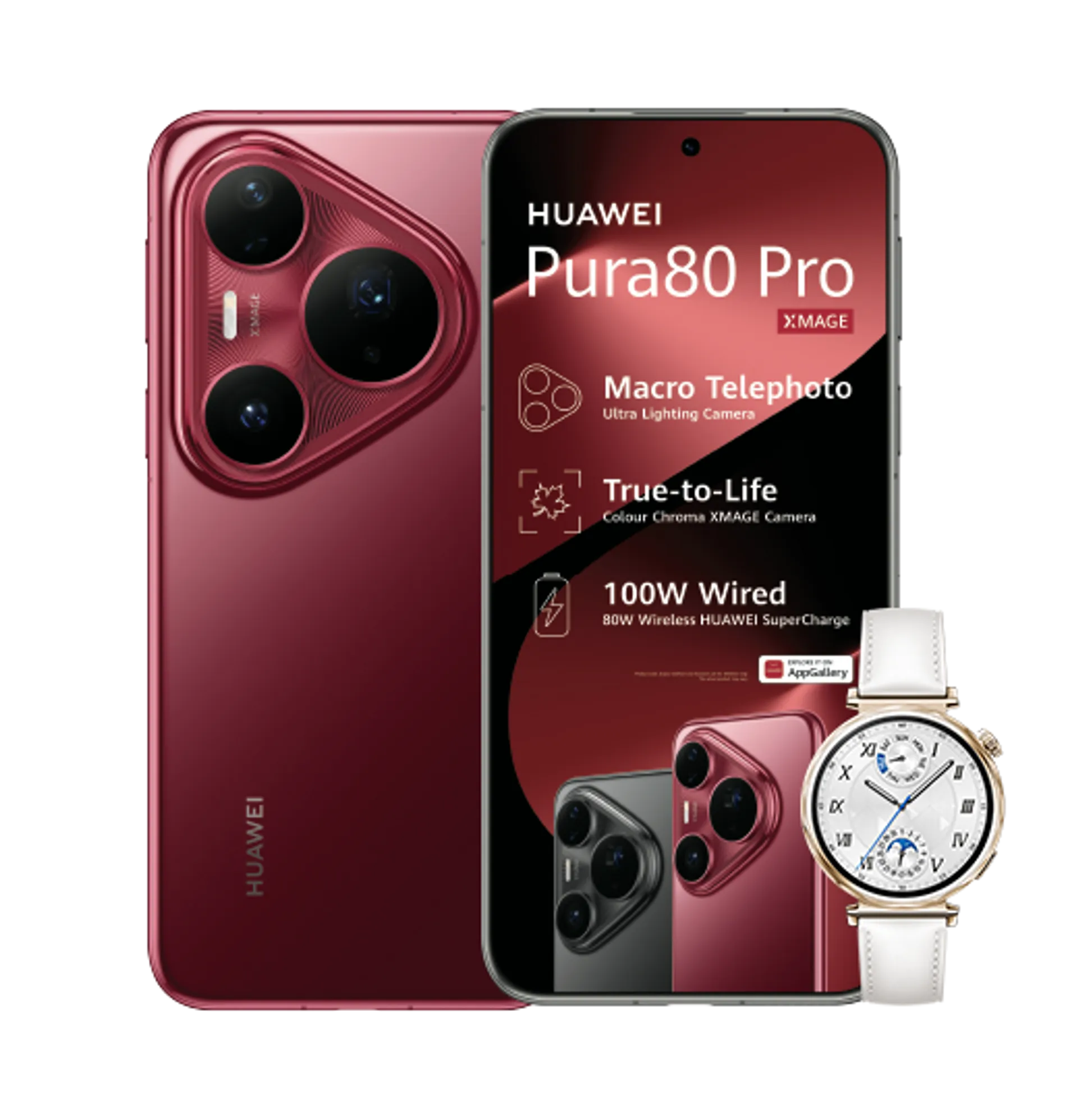 Huawei Pura 80 Pro Red with 15GB LTE Huawei Watch GT5 White slide