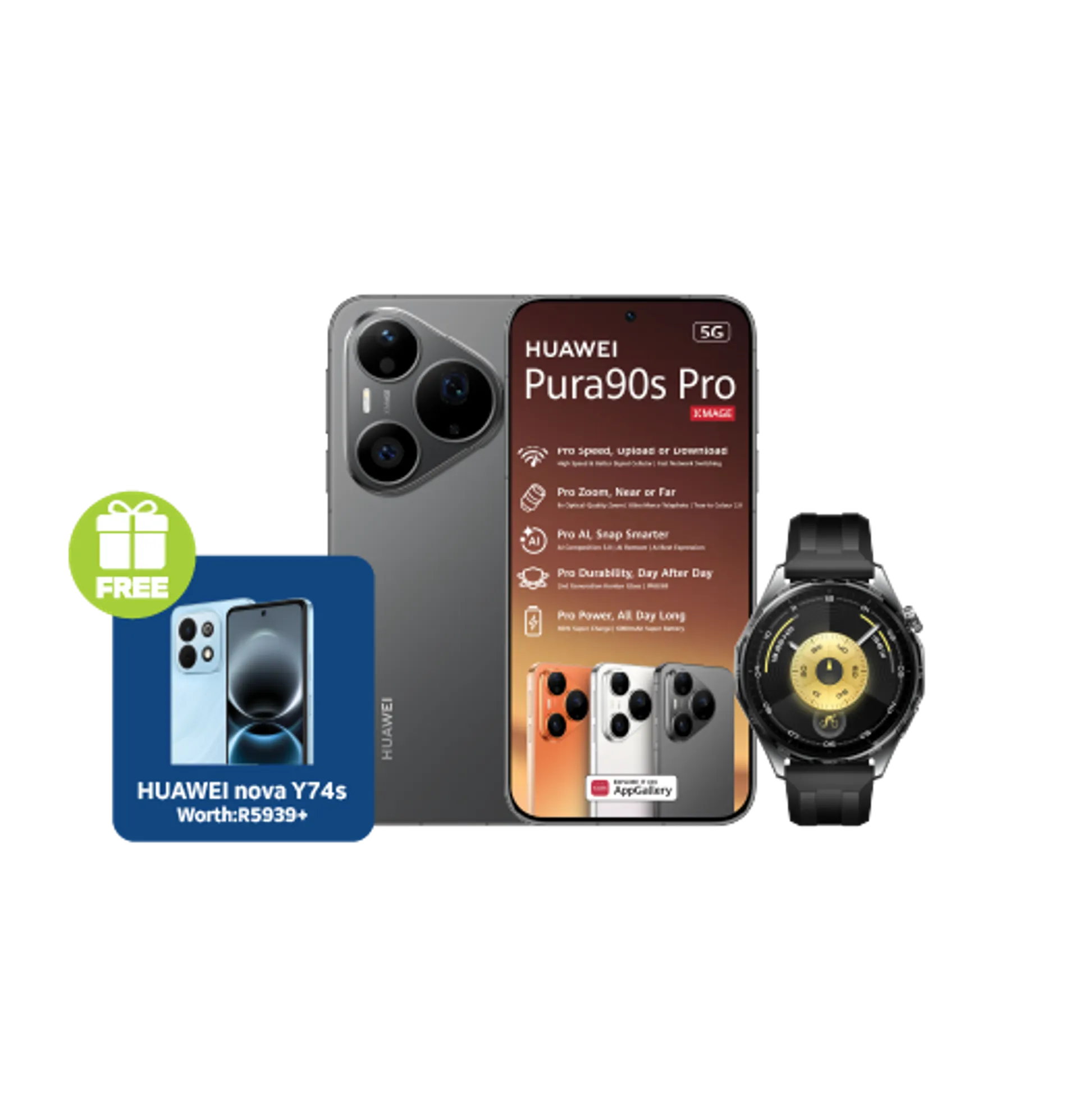 Huawei Pura 90s Pro Black plus Y74S Huawei Watch GT6 Black slide