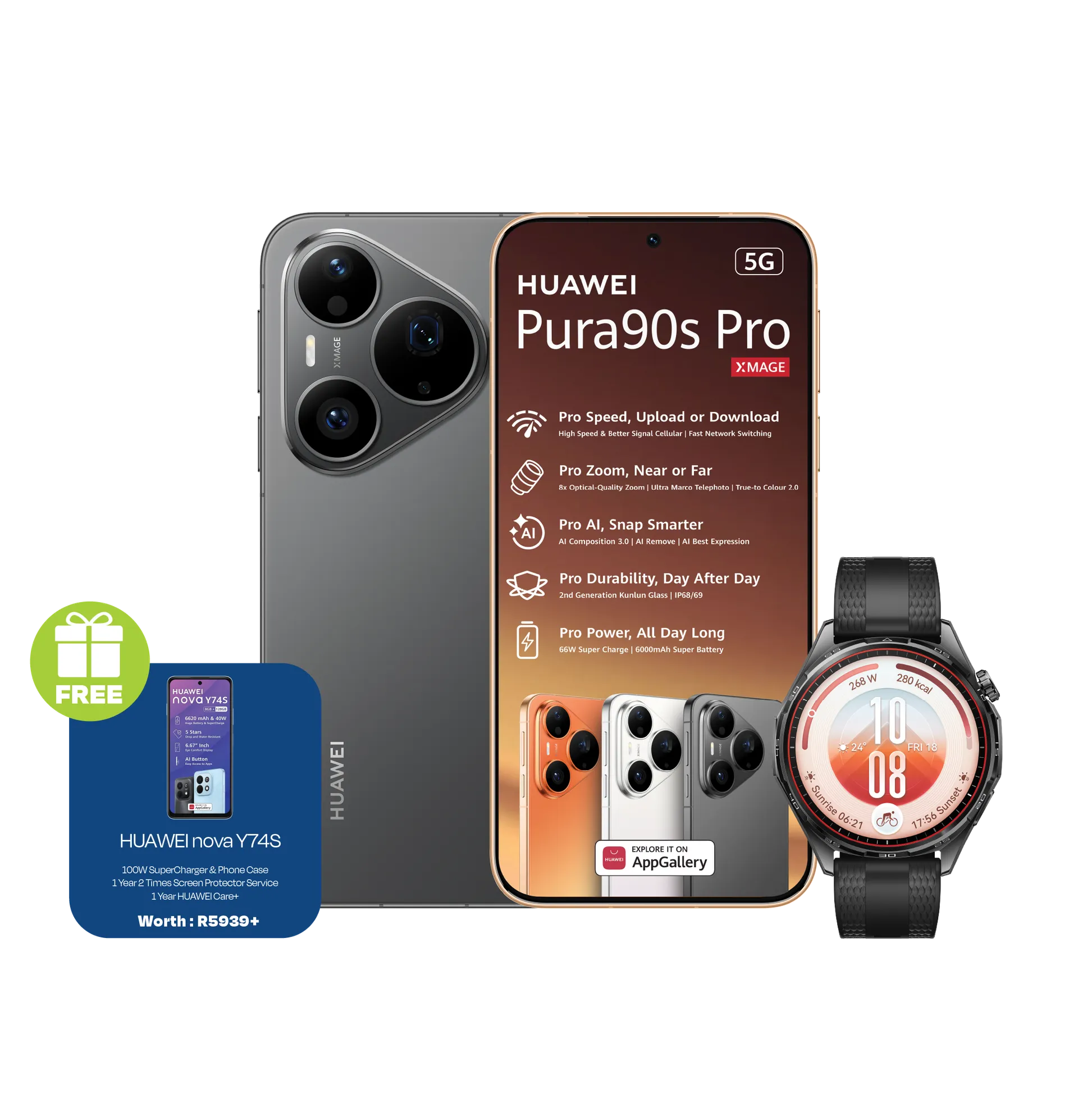 Huawei Pura 90s Pro Black plus Y74S Huawei Watch GT7 Black slide