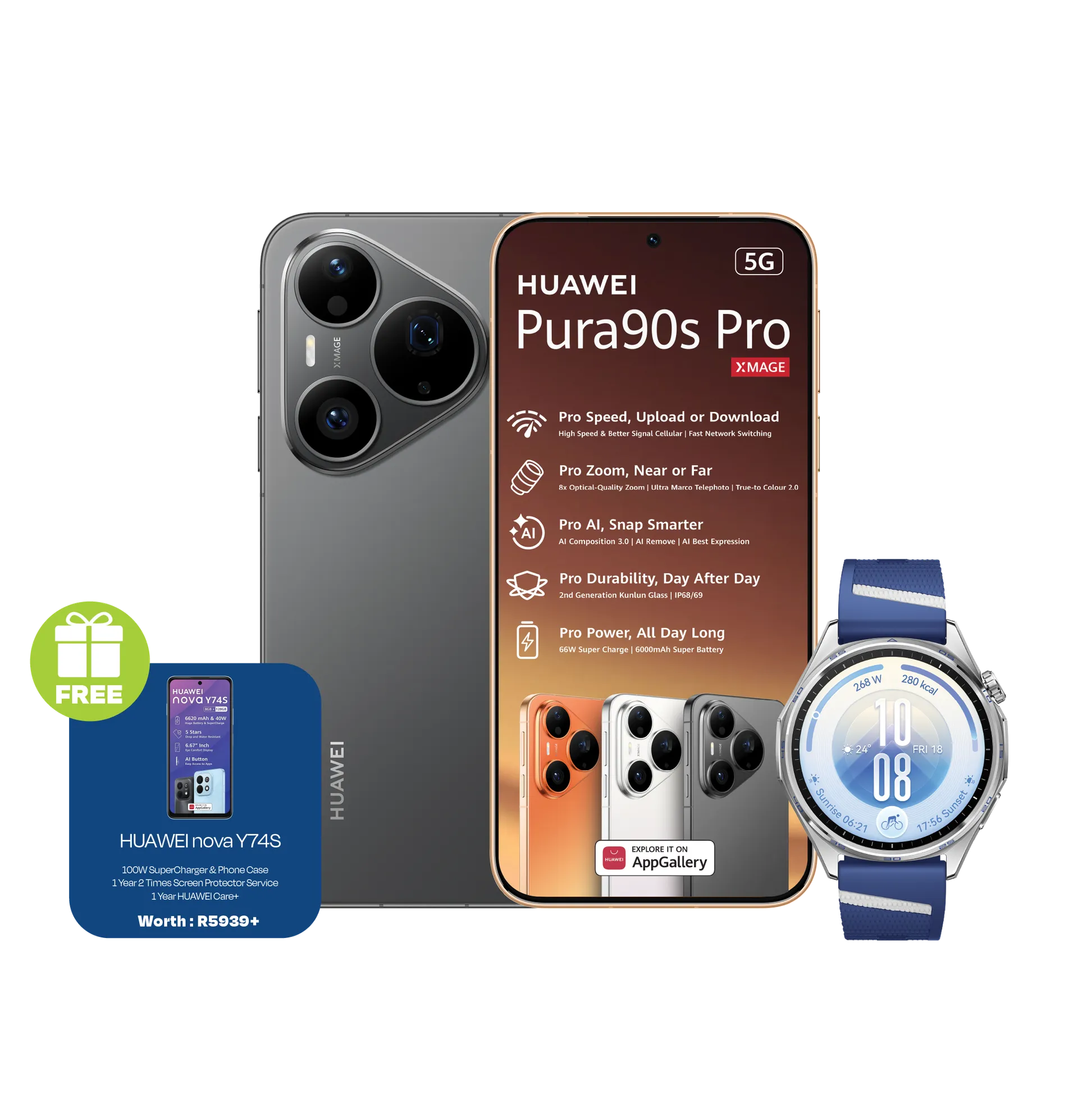 Huawei Pura 90s Pro Black plus Y74S Huawei Watch GT7 Blue slide