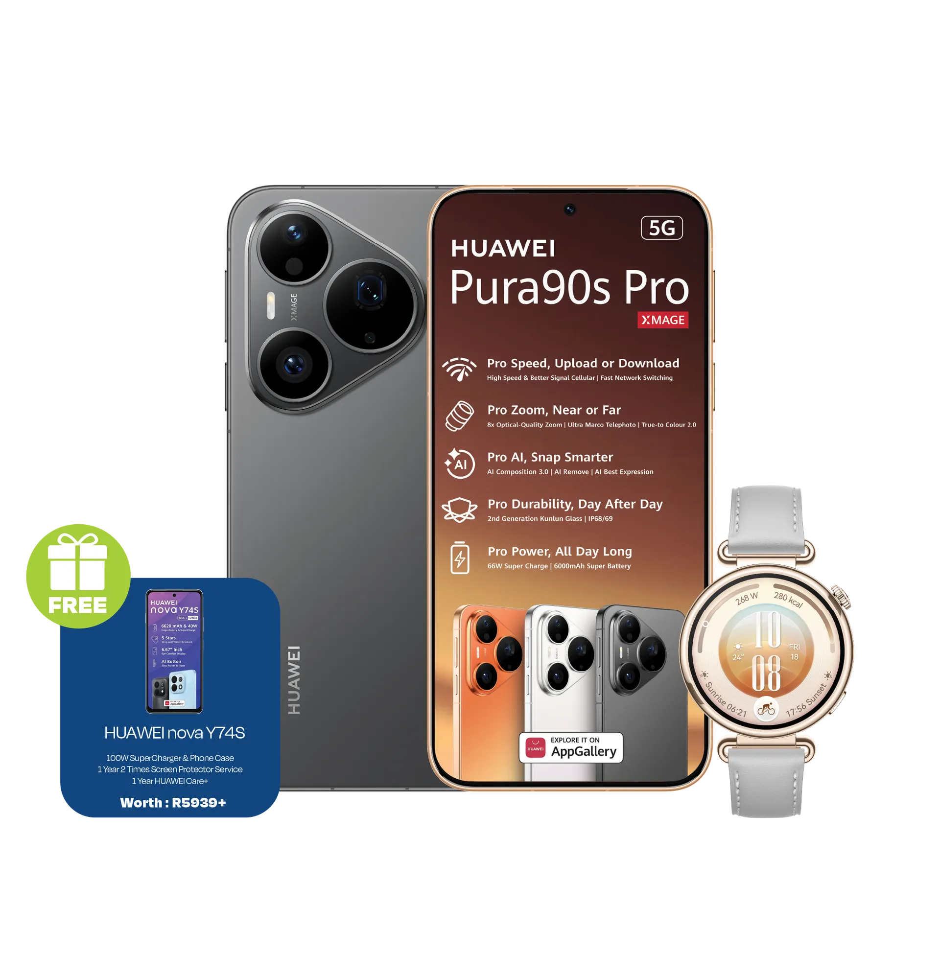 Huawei Pura 90s Pro Black plus Y74S Huawei Watch GT7 Grey slide