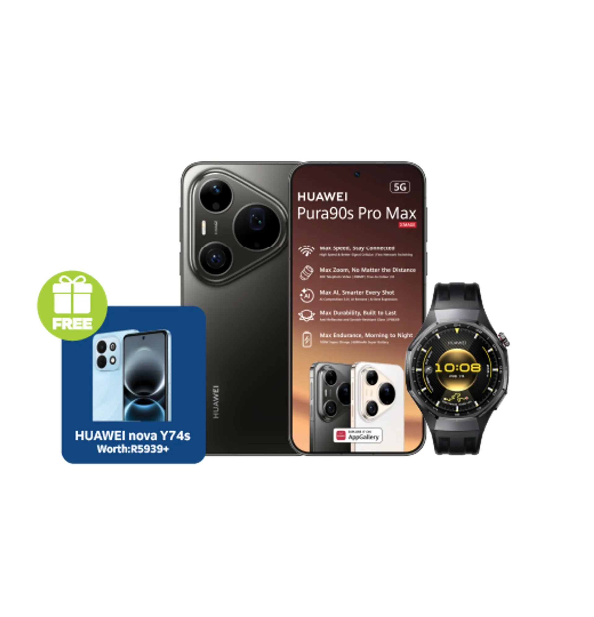 Huawei Pura 90s Pro Max Black plus Y74S Huawei Watch GT6 Pro Black slide