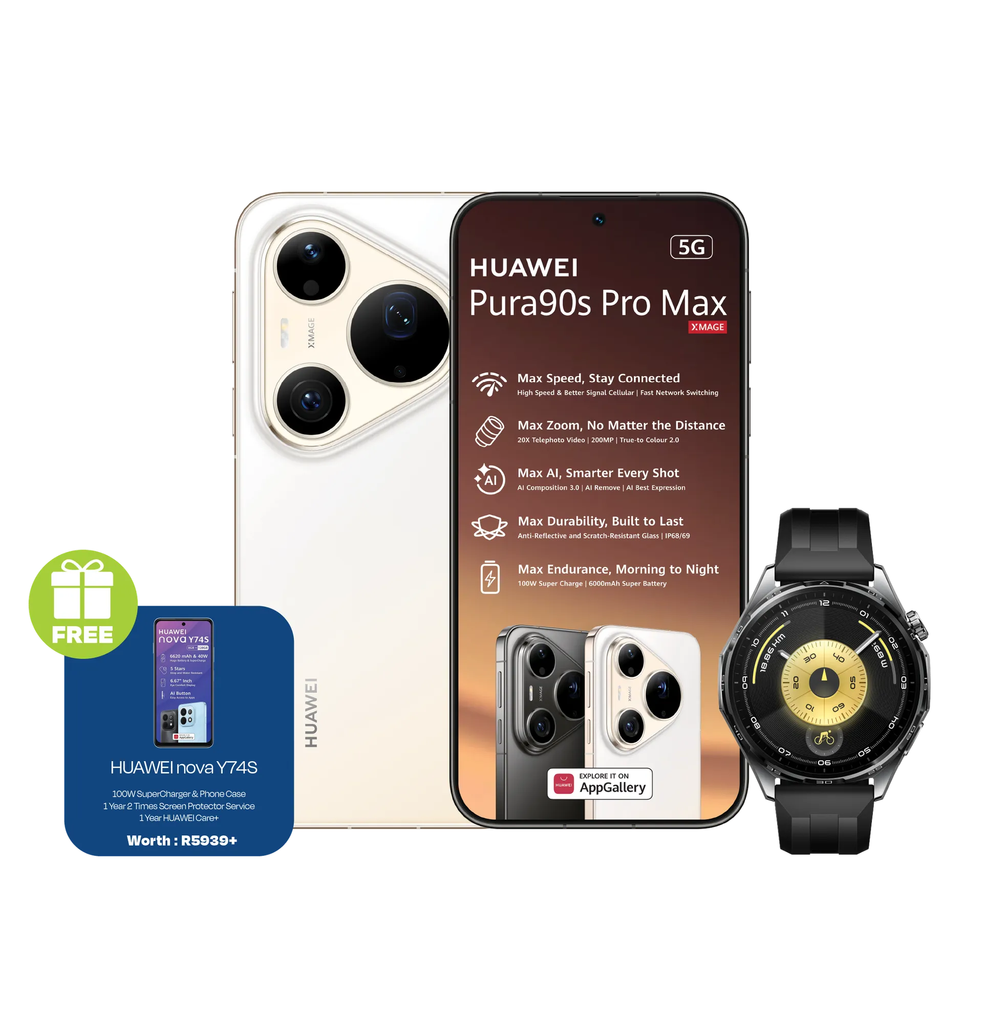 Huawei Pura 90s Pro Max Gold plus Y74S Huawei Watch GT6 Black slide