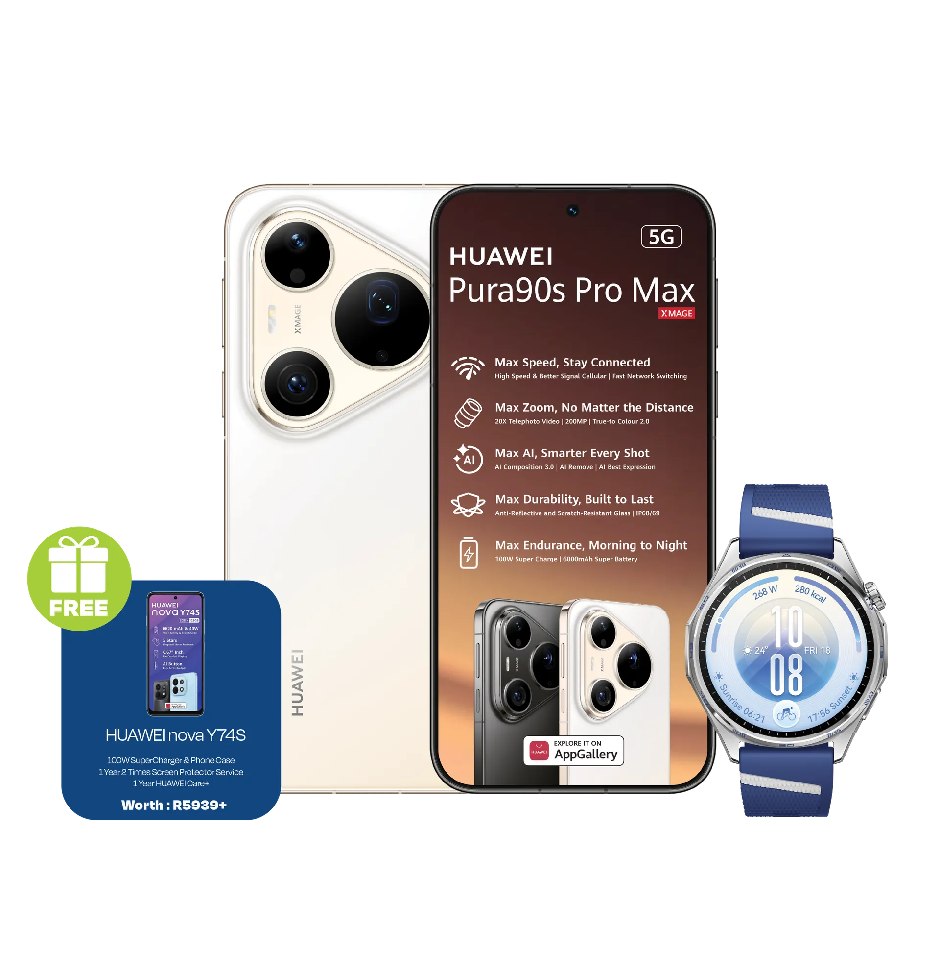 Huawei Pura 90s Pro Max Gold plus Y74S Huawei Watch GT7 Blue slide