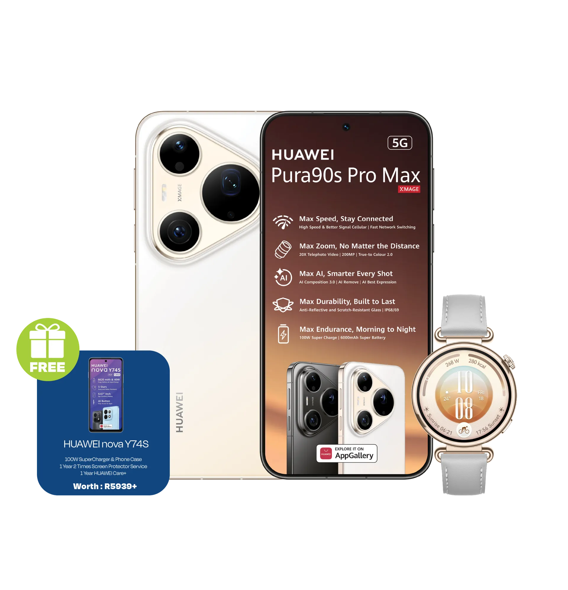 Huawei Pura 90s Pro Max Gold plus Y74S Huawei Watch GT7 Grey slide