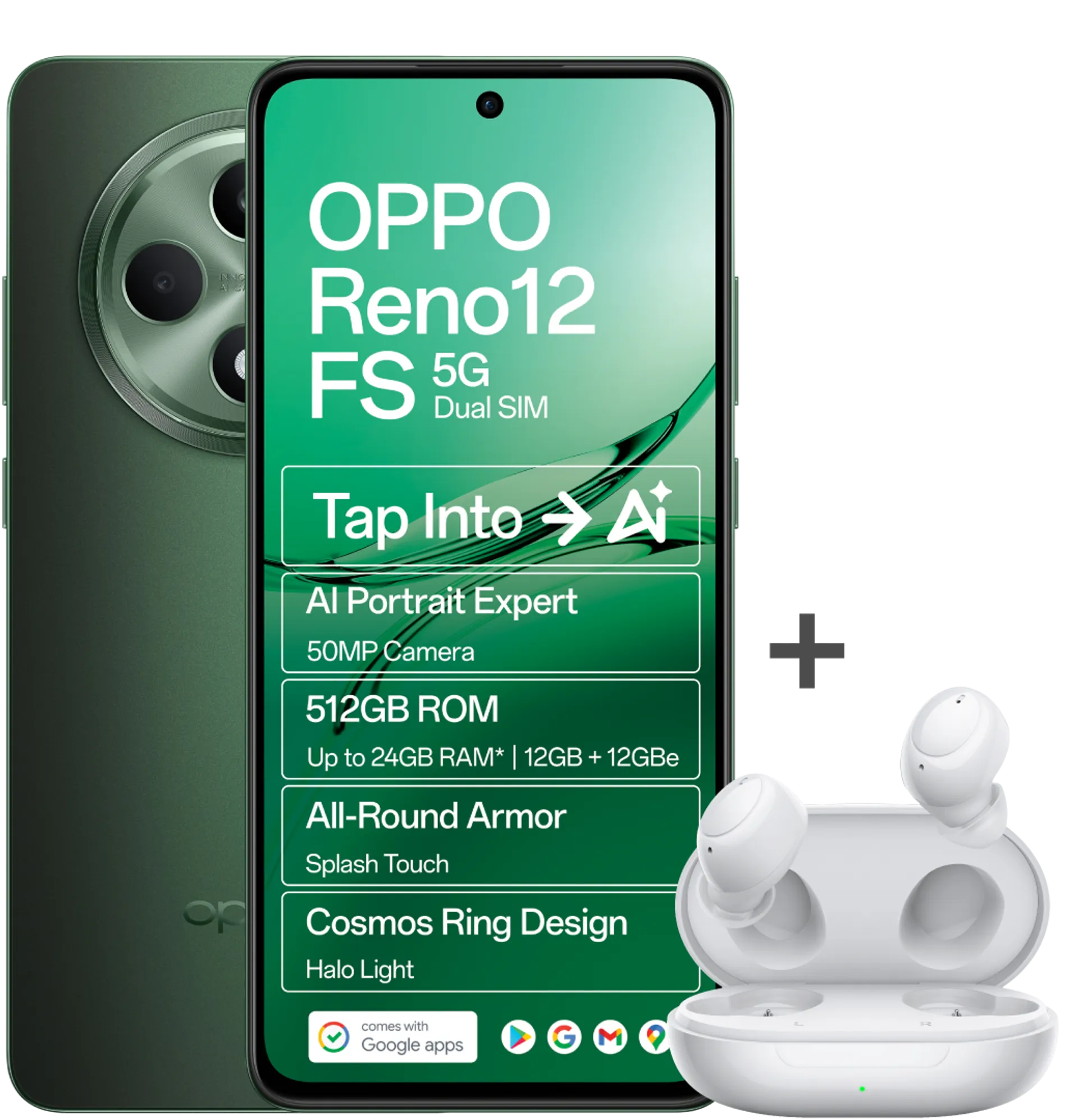 Oppo Reno 12 FS Dark Green 5G plus EncoBuds slide