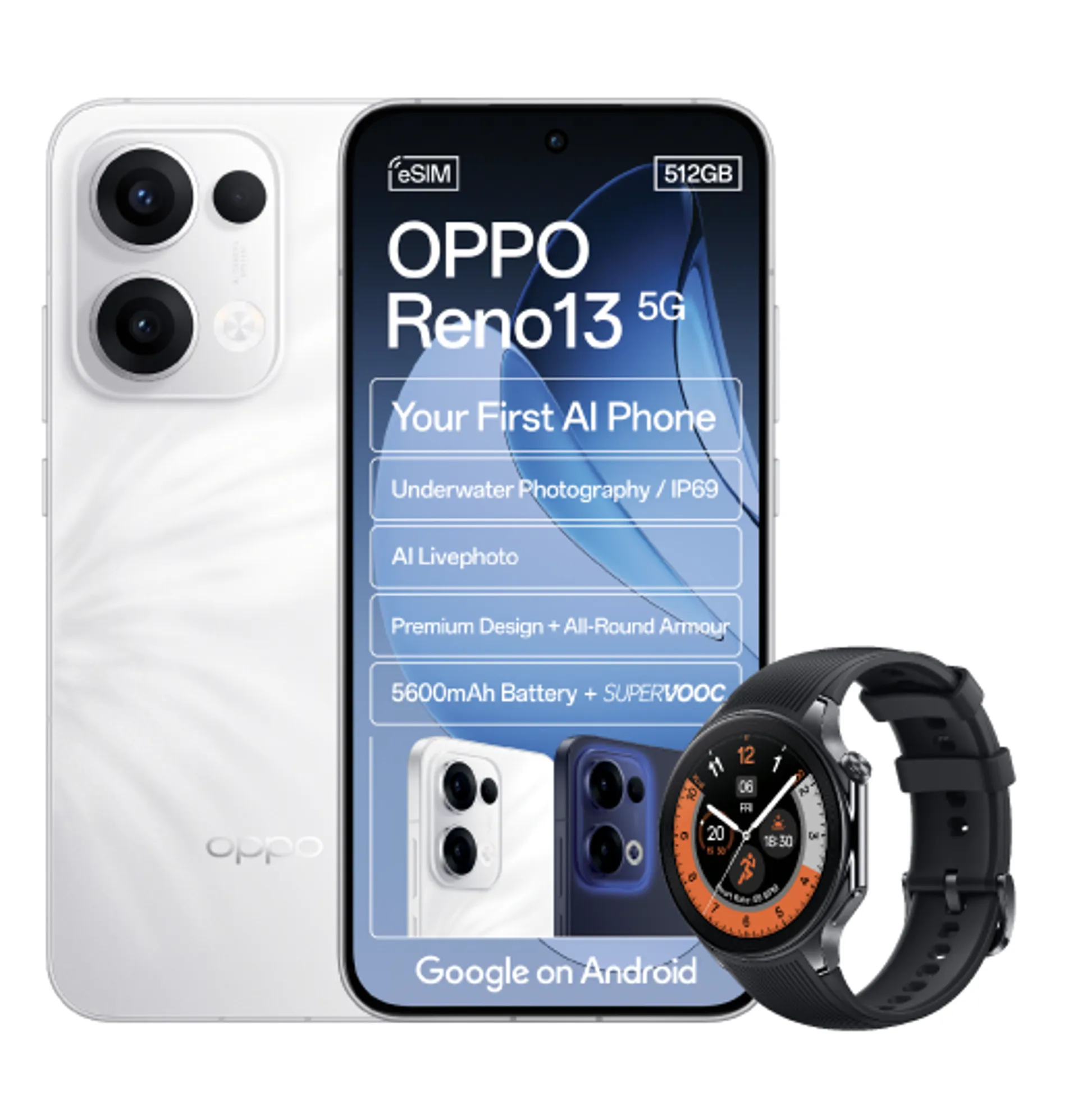 Oppo Reno 13 Plume White 5G Oppo Watch X Black slide