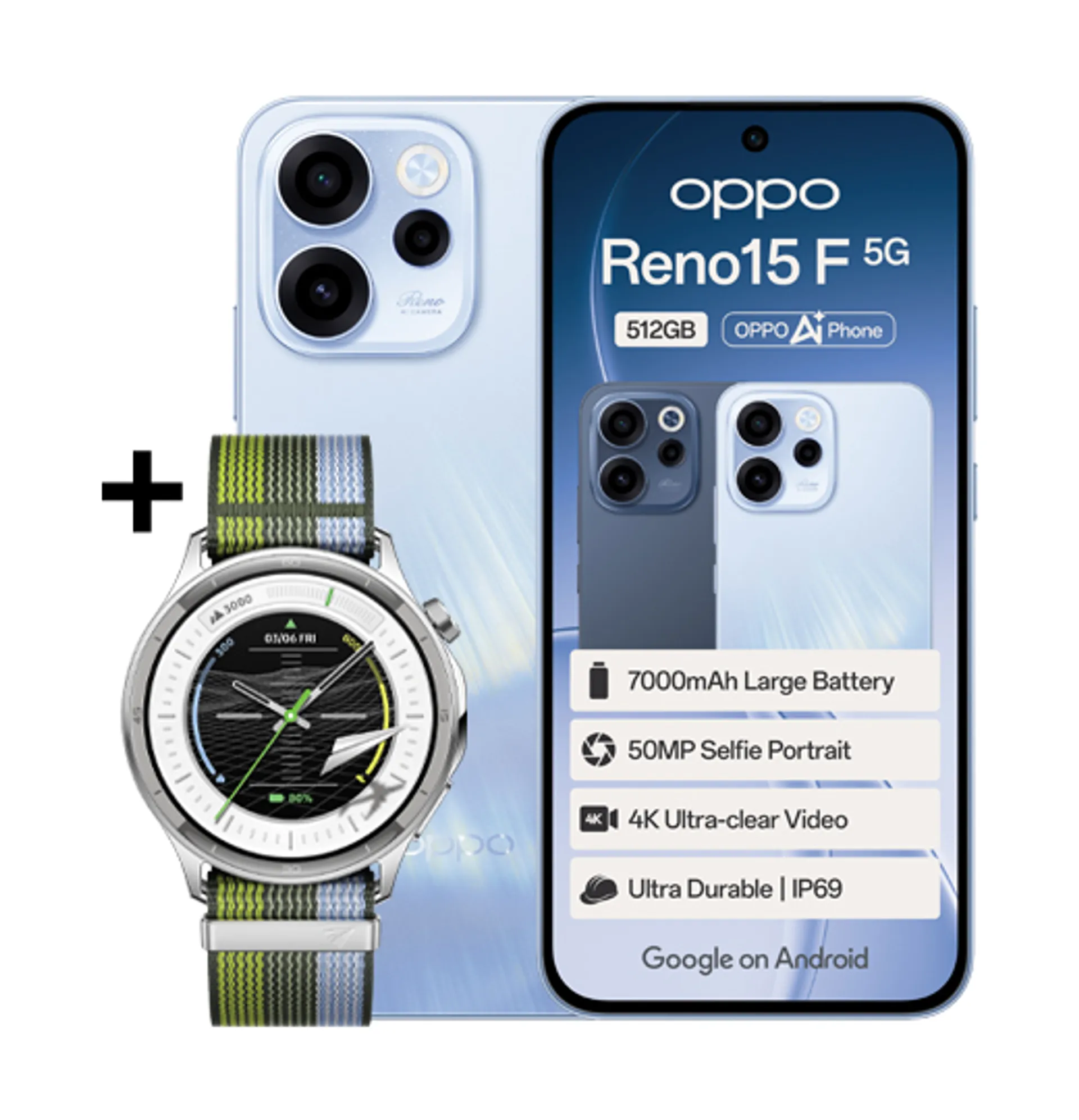 Oppo Reno 15 F Aurora Blue Oppo Watch S Silver slide