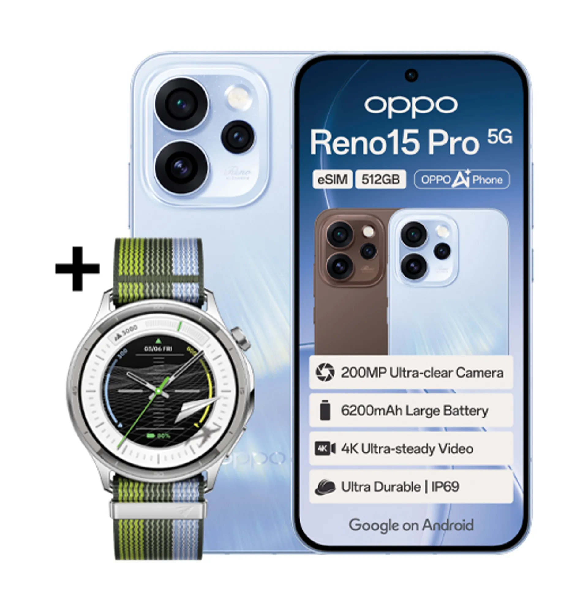 Oppo Reno 15 Pro Aurora Blue Oppo Watch S Silver slide