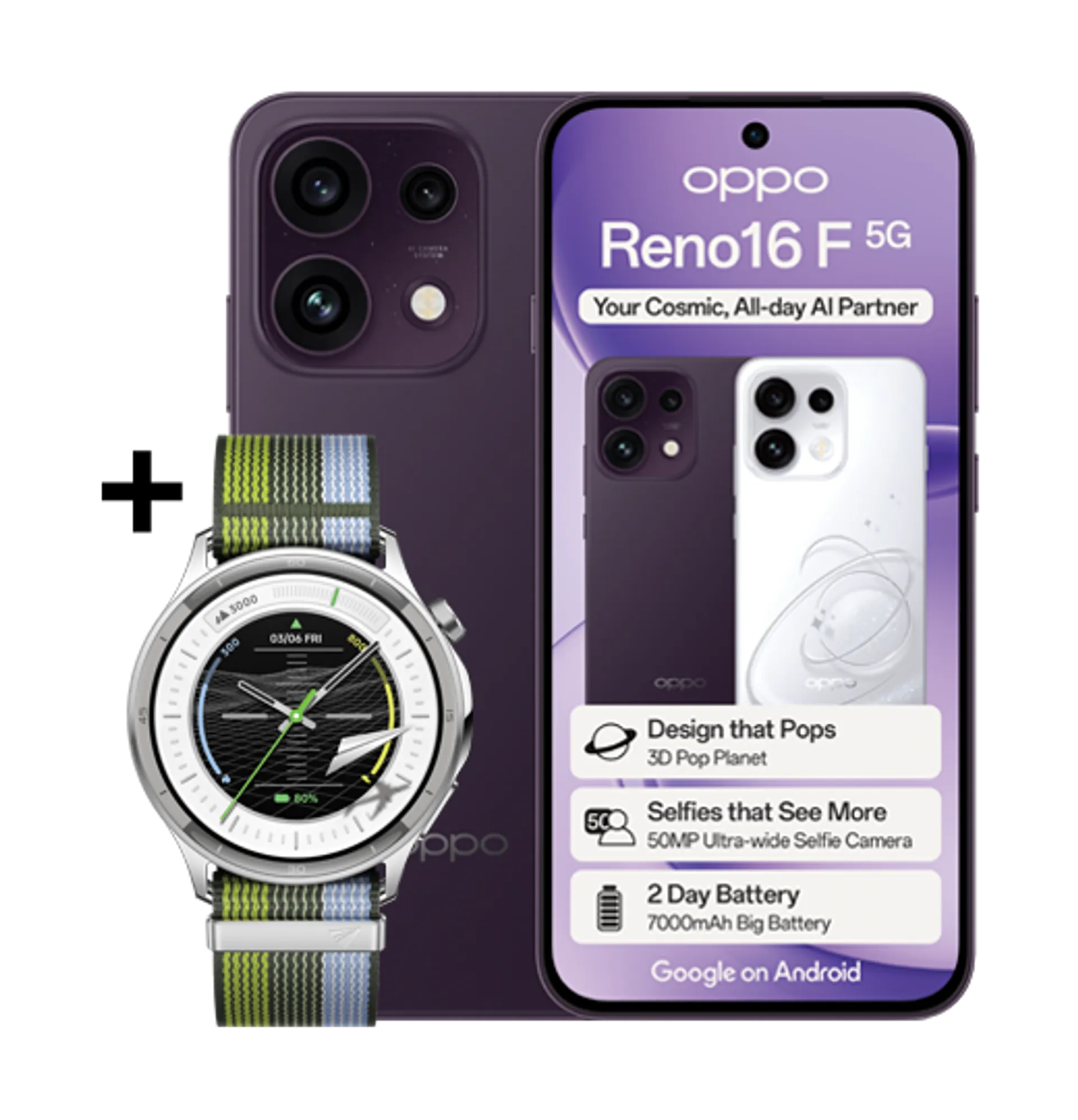 Oppo Reno 16 F Violet Oppo Watch S Silver slide