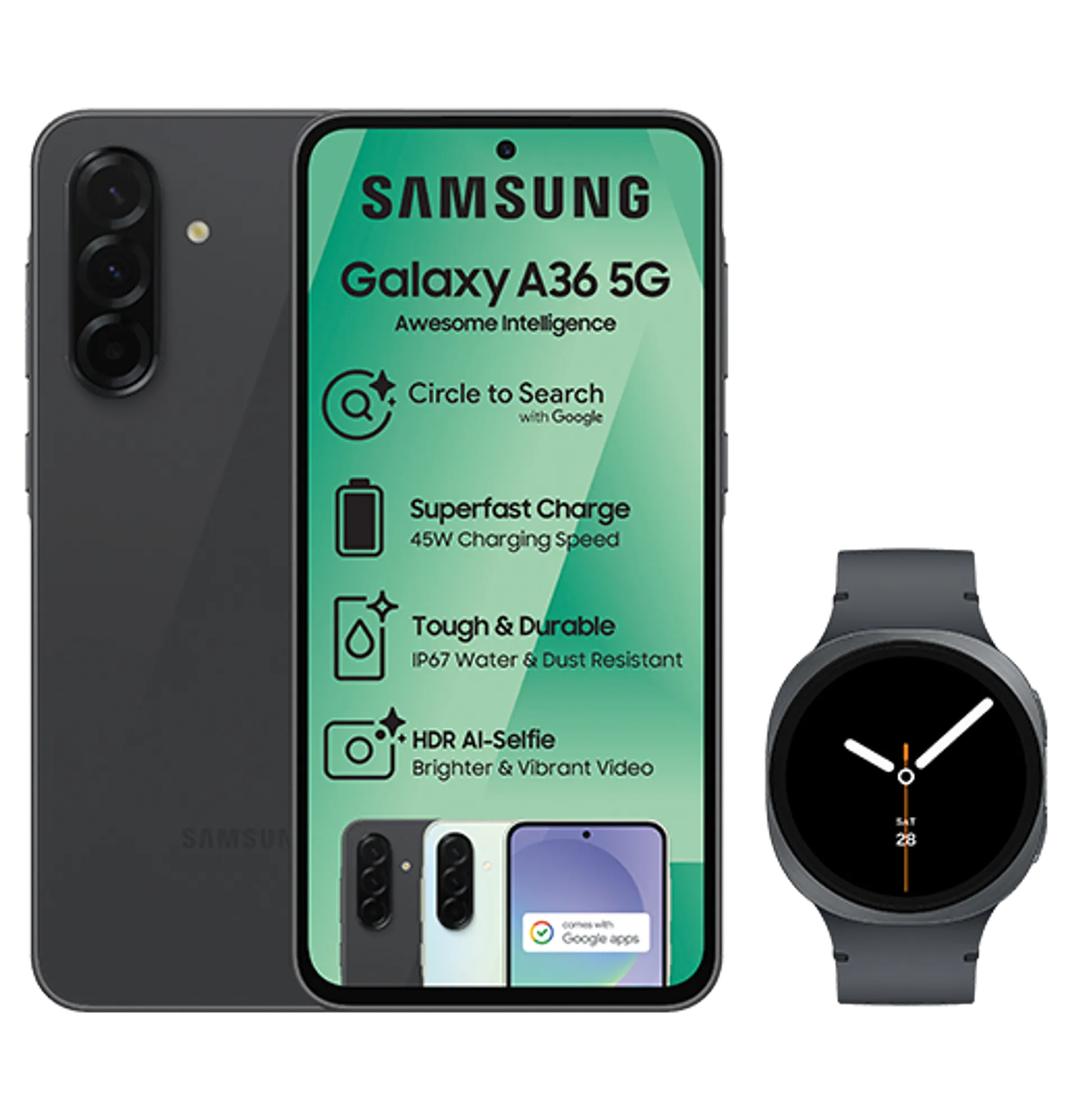 Samsung Galaxy A36 Awesome Black Samsung Galaxy Watch 8 40MM Dark Grey slide