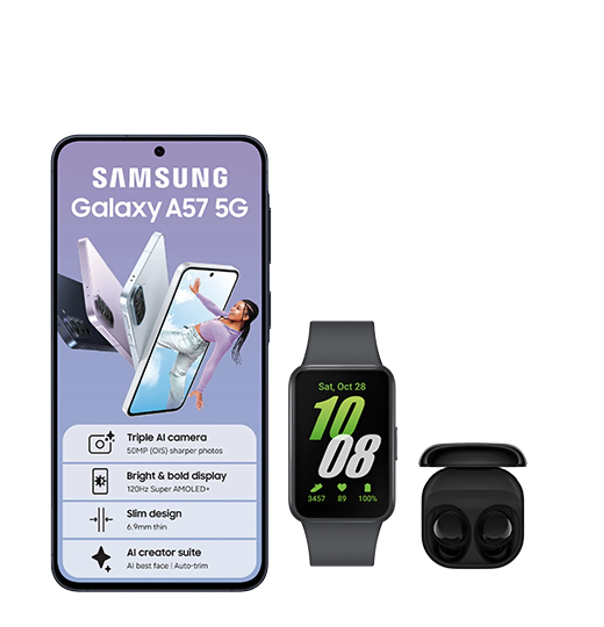 Samsung Galaxy A57 5G Blue Samsung Galaxy Fit 3 and Buds Core bundle slide