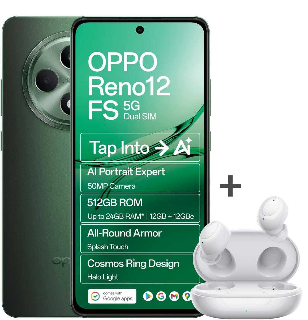 Oppo Reno 12 FS Dark Green 5G plus EncoBuds slide